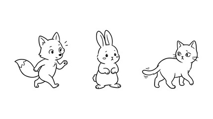 Fototapeta premium Running fox, bunny, and curious cat illustrations