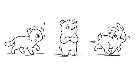 Naklejka premium Curious Cat, Mild Bear, and Fast Rabbit Scene