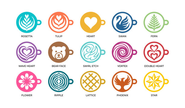 Latte art cup icons arranged in colorful grid layout