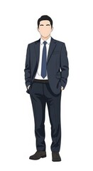 Obraz premium Confident male teacher in formal suit standing with hands in pockets on white background professional business educator