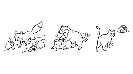 Naklejka premium Curious fox, busy badger, and a pet cat sketch