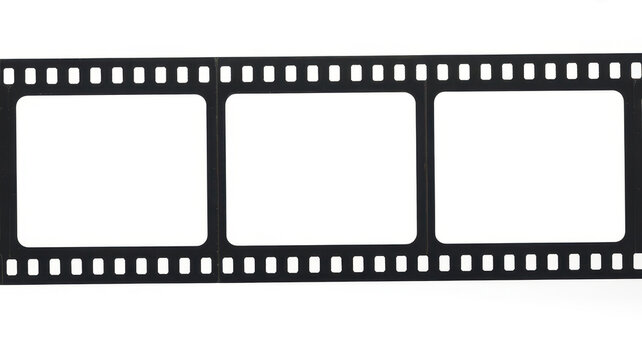 A segment of black 35mm photographic strip with three blank frames on a white background