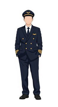 Confident male pilot in formal uniform with aviator cap and epaulettes standing hands in pockets isolated on white background