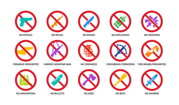 Prohibited weapons icons arranged in red ban signs grid