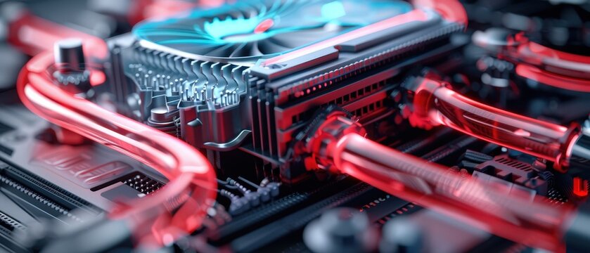Close-up of high-end graphics card with glowing blue-red RGB lighting. Massive heatsink, spinning fan, liquid cooling tubes in transparent red wrap motherboard components in dramatic cyberpunk tech at