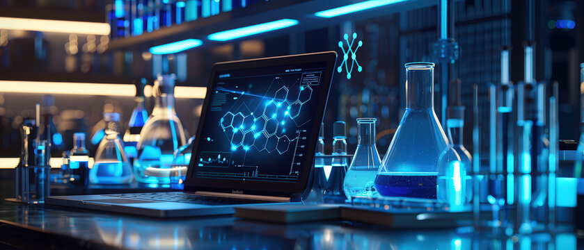 Futuristic laptop in blue-lit laboratory displays glowing molecular structure hologram and data graphs. Surrounding glassware with blue liquids, test tubes, equipment create high-tech research atmosph