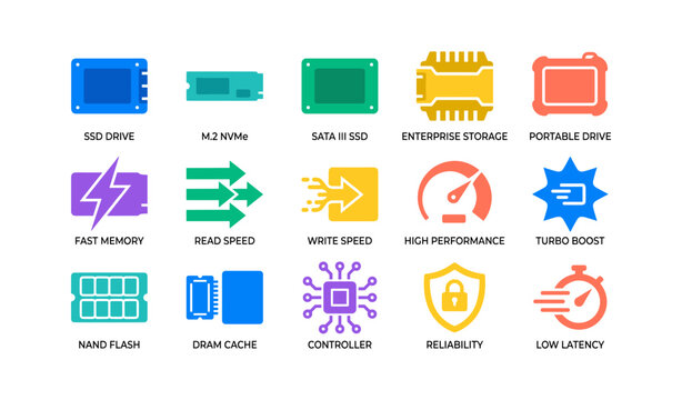 Storage hardware and performance icons labeled on white background