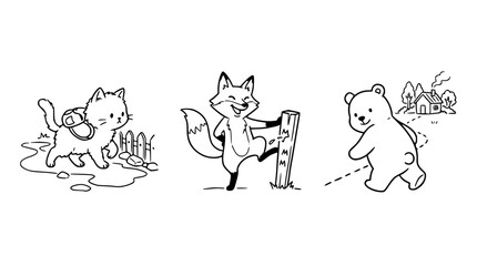 Naklejka premium Adventurous cat, cheerful fox, wandering bear scene
