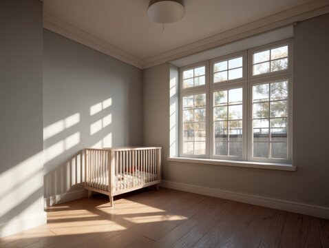 Empty nursery room bathed in golden sunlight. White crib sits near large window with panes. Wooden floor reflects warm, soft illumination. Sunbeams cast elegant shadows across the walls