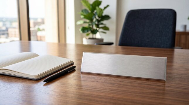 Blank metal nameplate on office desk with notebook and pen