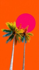 Obraz premium Colorful palm trees stretch towards a bright magenta sun, set against a bold orange background. This artistic display captures the lively spirit of reggaeton music and summer energy