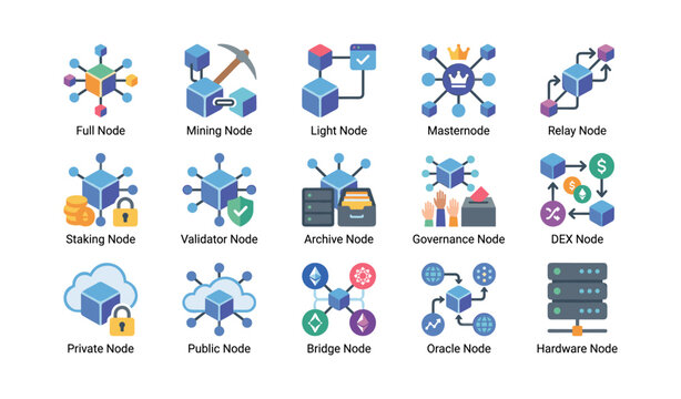 Blockchain node icons illustrating node types on white background