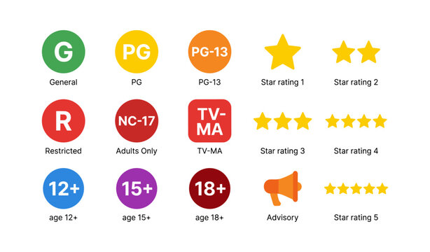 Content rating and star rating icons arranged on white background