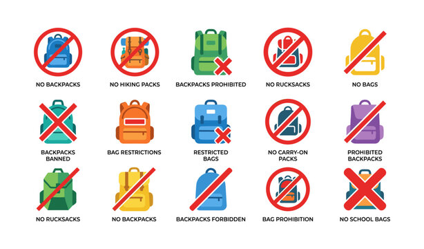 No backpack icons showing bag prohibition symbols on white background