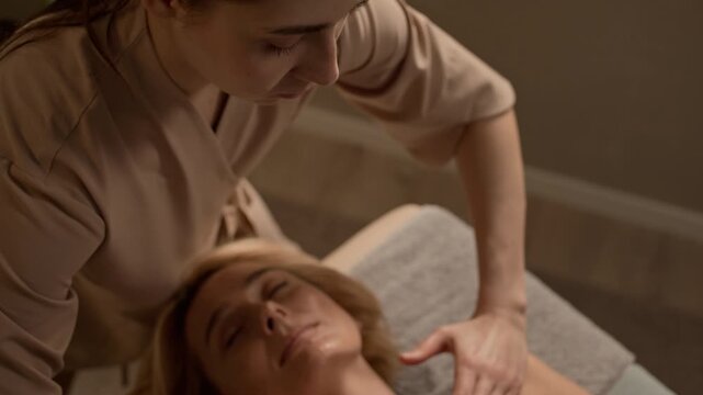 From above tilt down shot of female massage specialist treating female client neck and clavicle area with relaxing therapeutic massage indoors