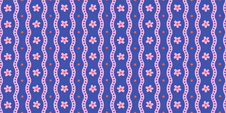 Blue and Pink Wavy Stripes with Cute Daisy Flowers and Polka Dots Vector Seamless Pattern, Retro 70s Floral Squiggle Lines, Girly Boho Summer Background