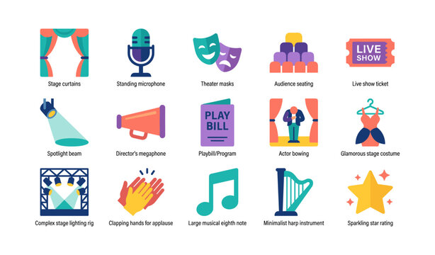 Collection of theater icons arranged on white background