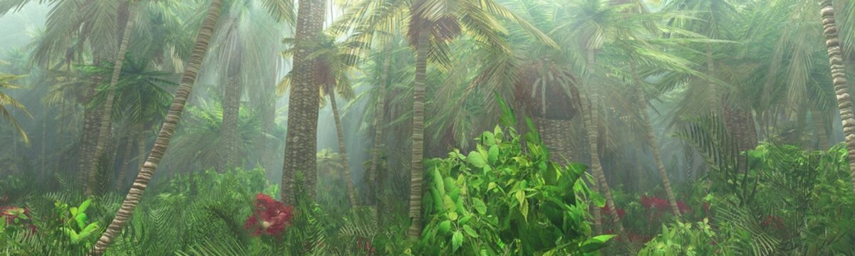 Jungle, rainforest during the plank, palm trees in the morning in the fog, jungle in the haze, 3D rendering