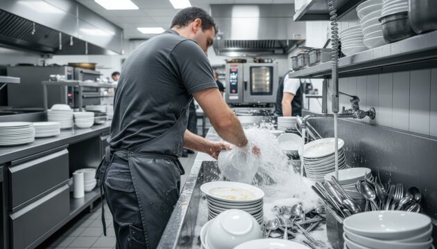 Dishwasher strives in bustling restaurant kitchen while water splashes from clean dishes