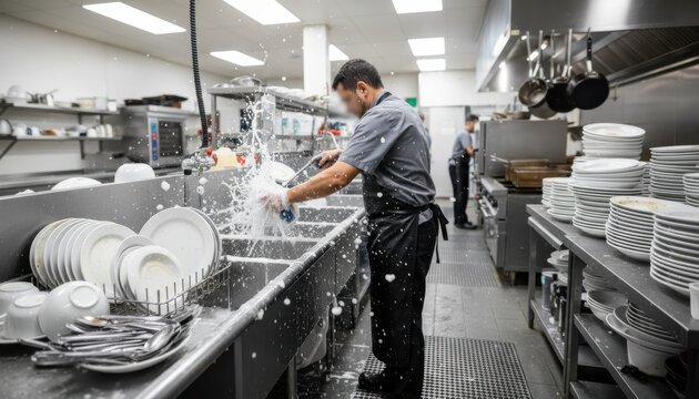Dishwasher strives in bustling restaurant kitchen while water splashes from clean dishes