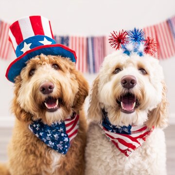Patriotic Dogs in Red, White, and Blue. cute patriotic goldendoodle dogs wearing a usa flag bandana and uncle sam top hat