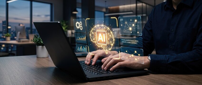 Exploring ai innovations modern office space digital technology urban environment close-up view enhancing business efficiency and insights