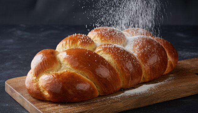 Braided challah bread on a wooden board with powdered sugar being sprinkled over the crust