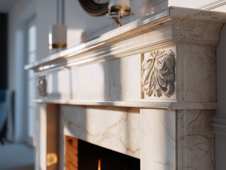 Naklejka premium Warm fire glows within elegant marble fireplace. Classic carved detail adorns the mantel's edge. Soft sunlight highlights the stone's natural veining