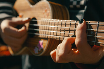 Fototapeta premium A close-up shot capturing the hands of a person with black nail polish playing a wooden ukulele adorned with star stickers, bathed in warm natural sunlight during an outdoor session.