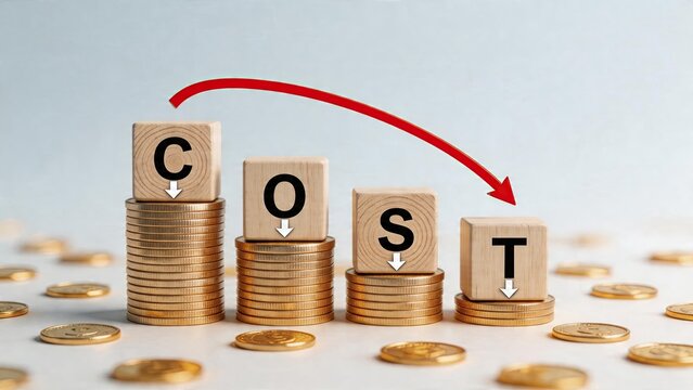 Business finance concept showing decreasing costs golden coins stacks with wooden blocks spelling COST red arrow pointing down representing expense reduction and economic