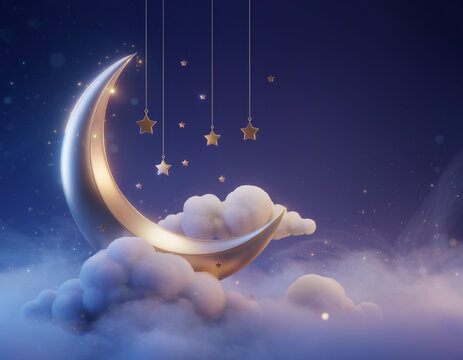 Dreamy crescent moon with stars hanging among fluffy clouds under a deep night sky, evoking a sense of peace and wonder