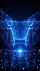 Obraz premium Cybernetic Metropolis: A captivating digital depiction showcasing a futuristic cityscape, teeming with advanced technology and shimmering blue energy.