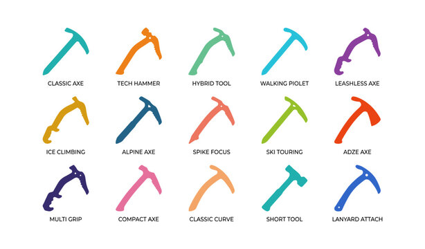 Ice axe and climbing tool icons arranged in white grid layout