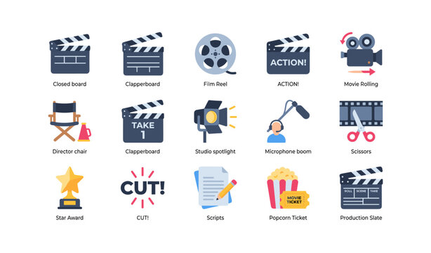 Film and movie production icons arranged on white background