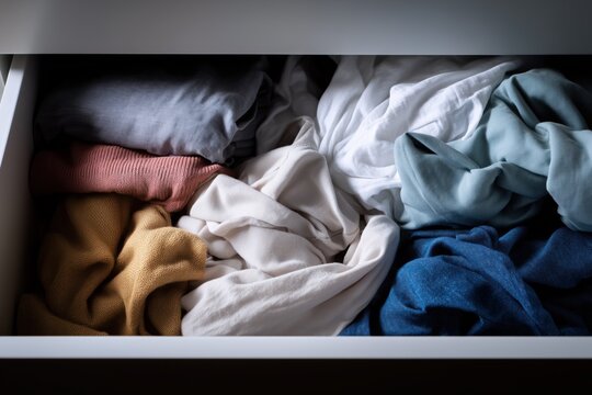 Messy clothes drawer at home, disorganized wardrobe storage for declutter and cleaning content, everyday lifestyle clutter before organizing