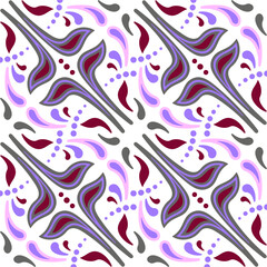 Fototapeta premium Ornamental background in ethnic style. Complex kaleidoscope ornament. Seamless pattern of paisley. Mosaic tile decor in folk style and gray purple colors