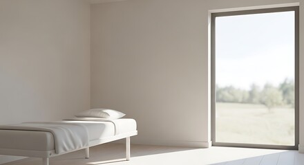 Fototapeta premium Minimalist bedroom with a single bed and large window overlooking a serene green landscape bathed in natural light
