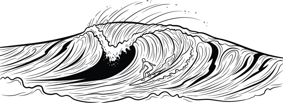 Professional surfer rides a massive hollow ocean wave while balancing on his surfboard during an exciting sunny day at the beach in this detailed graphic illustration