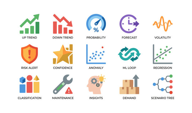Data analysis and machine learning icons on white background