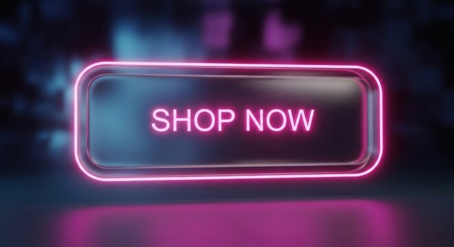 Neon glowing shop now button with pink and purple gradient background for e-commerce promotions.
