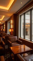 Fototapeta premium Elegant leather armchairs and tables in a luxurious hotel lounge with warm ambient lighting and large windows overlooking a city street.