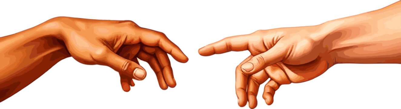 Create a realistic Two hands reaching for each other in a gesture. vector art with white background..
