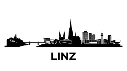 Fototapeta premium Linz Austria Skyline Silhouette, Minimal Black Cityscape with Modern and Historic Architecture, Travel Vector Illustration