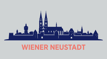 Obraz premium Wiener Neustadt Austria Skyline Silhouette, Minimal Blue Cityscape with Historic Architecture, Travel Vector Illustration