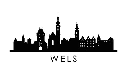 Fototapeta premium minimalist black silhouette skyline of Wels Austria, flat vector cityscape with historic buildings on white background