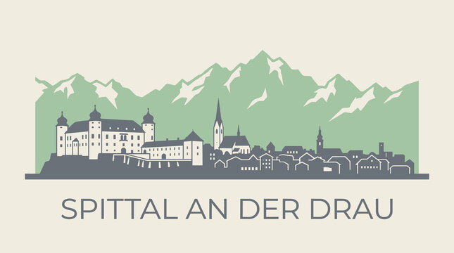 Spittal an der Drau Austria Skyline Illustration, Alpine Cityscape with Mountains and Castle, Scenic Travel Vector