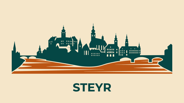 Steyr Austria Skyline Illustration with River, Minimal Cityscape Silhouette in Retro Colors, Travel Vector