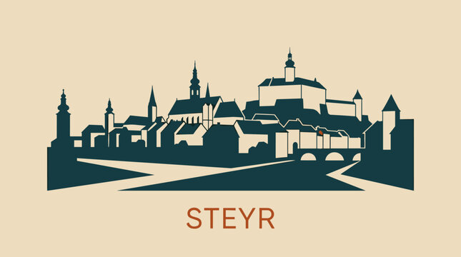 Steyr Austria Skyline Illustration, Minimal Cityscape with River and Historic Architecture, Travel Vector