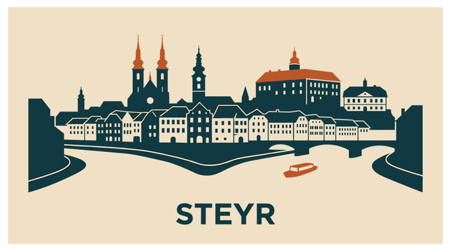 flat colorful vector illustration of Steyr Austria skyline with river and historic architecture, minimalist cityscape on beige background