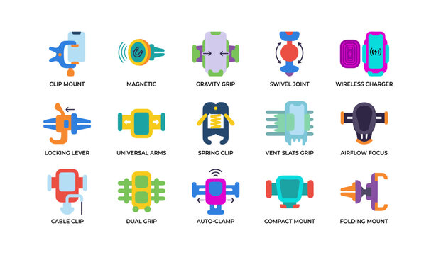 Phone mount feature icons arranged in a grid on white background